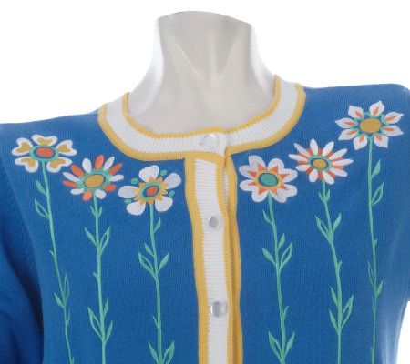 Bob Mackies Daisy Delight Embroidered Elbow Sleeve Cardigan