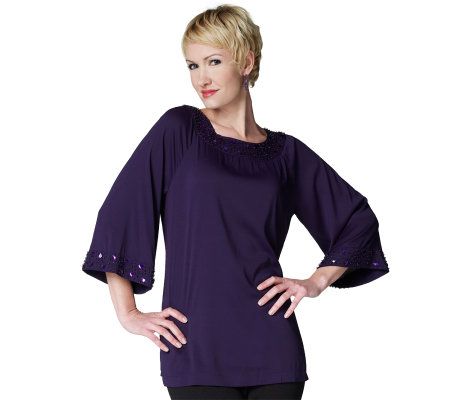 Joan Rivers Bell Sleeve Tunic with Jeweled Neckline - A220224