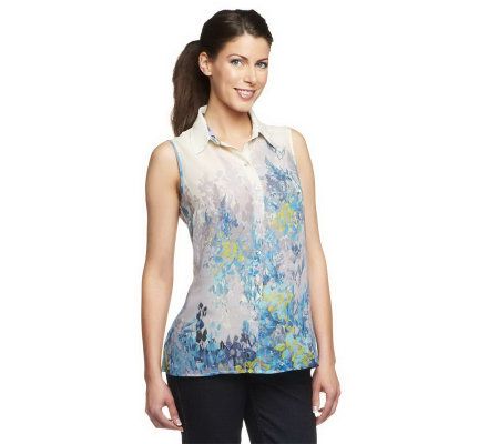 Susan Graver Border Print Sleeveless Button Down Chiffon Blouse - A224324