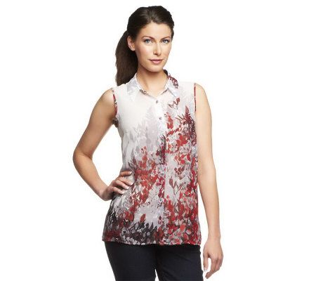 Susan Graver Border Print Sleeveless Button Down Chiffon Blouse - A224324
