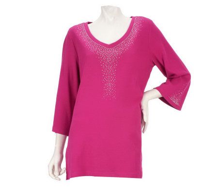 Quacker Factory Sparkle Silver Rain 3/4 Sleeve Knit Tunic - A224624