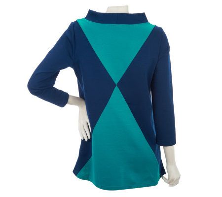 Bob Mackies Colorblock Funnel Neck Bracelet Sleeve Tunic