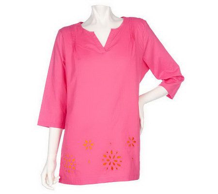 As Is Denim & Co. 3/4 Sleeve Tunic with Contrast Eyelet Detail - A232924