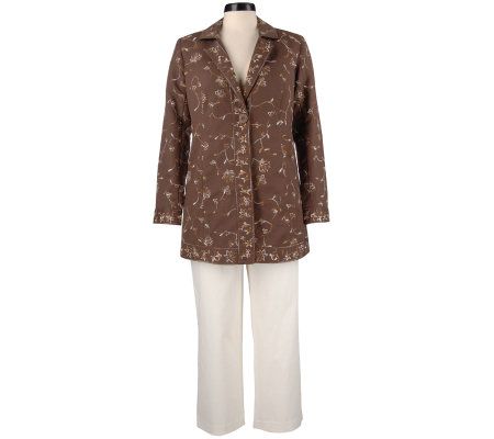 Susan Graver Linen Blend Allover Embroidered Jacket & Pants - A6924
