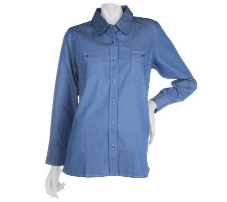Susan Graver Chambray Button Front Big Shirt with Contrast Stitch - A212725
