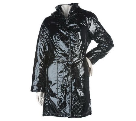 Dennis Basso Faux Patent Leather Coat with Quilted Panel Detail - A219625