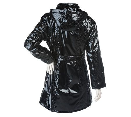 Dennis Basso Faux Patent Leather Coat with Quilted Panel Detail