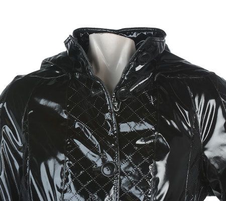 Dennis Basso Faux Patent Leather Coat with Quilted Panel Detail