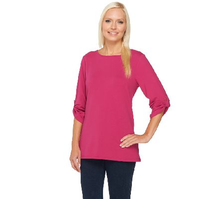 Susan Graver Brushed French Terry Roll Tab 3/4 Sleeve Top - A220425