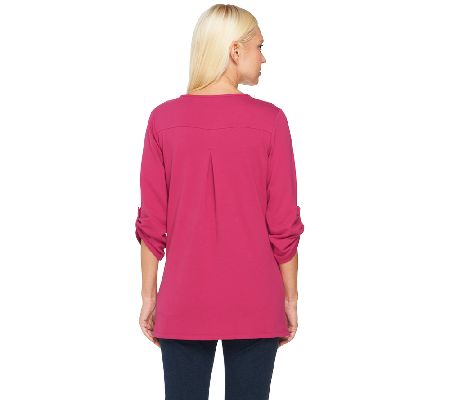 Susan Graver Brushed French Terry Roll Tab 3/4 Sleeve Top