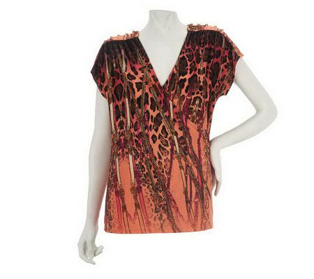 George Simonton Printed Faux Wrap Top with Embellishment - A223625