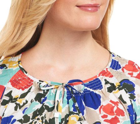 Liz Claiborne New York Floral Printed Smocked Neck Tunic