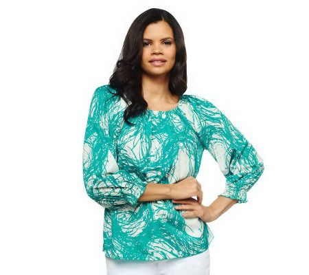 Susan Graver Printed Woven Peasant Top with 3/4 Sleeves - A224325