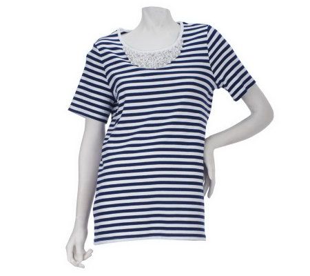 Quacker Factory Pearl and Bead Nautical Striped T-shirt - A224625