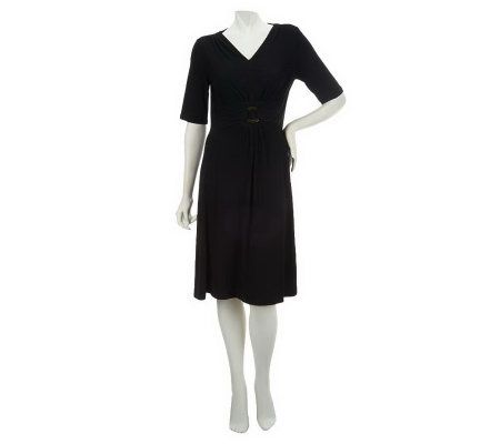Nina Leonard Matte Jersey V-neck Dress with Ring Belt - A227625