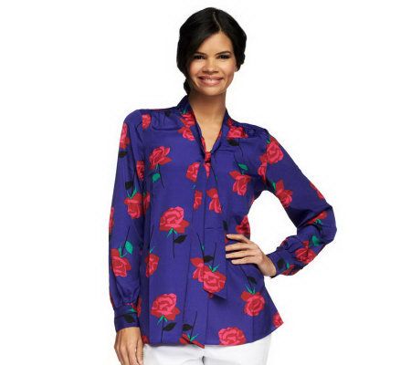 Isaac Mizrahi Live! Charmed Rose Print Blouse with Bow - A229925