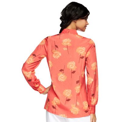 Isaac Mizrahi Live! Charmed Rose Print Blouse with Bow