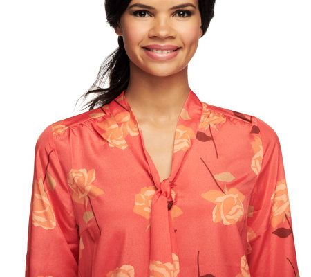 Isaac Mizrahi Live! Charmed Rose Print Blouse with Bow