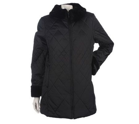 Dennis Basso Water Resistant Quilted Coat w/ Faux Fur Collar & Cuffs - A86525