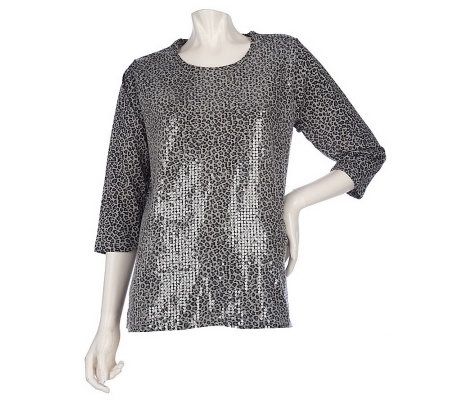 Quacker Factory 3/4 Sleeve Animal Printed Sequin T-shirt - A210226