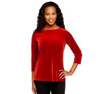 Susan Graver Stretch Velvet Bateau Neck 3/4 Sleeve Top - A218026