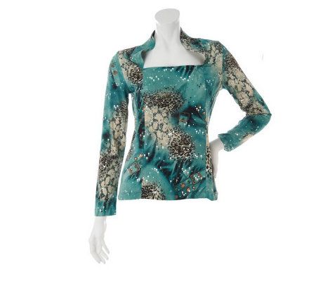George Simonton Animal Print Funnel Neck Top with Sparkle  Detail - A218426