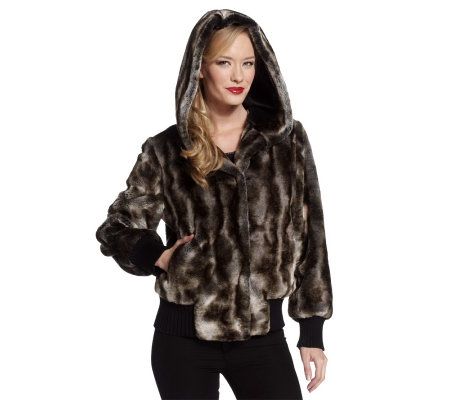 Luxe Rachel Zoe Faux Fur Hooded Bomber Jacket w/Hook & Eye Closures