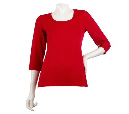 Susan Graver Butterknit Ruffle U-neck 3/4 Sleeve Top - A220426