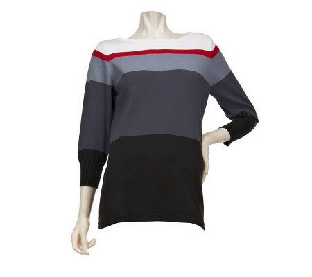 Bob Mackies Scoop Neck 3/4 Sleeve Colorblock Ombre Sweater - A222626