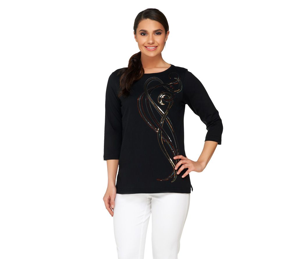 Bob Mackies Sequin Swirl 3/4 Sleeve Scoopneck Top - A226926