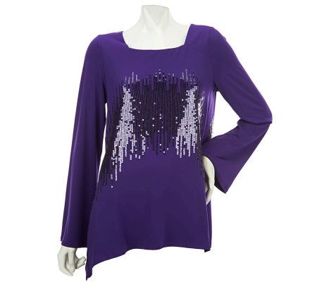 Mark of Style by Mark Zunino Hi-Low Hem Top with Sequins - A228026