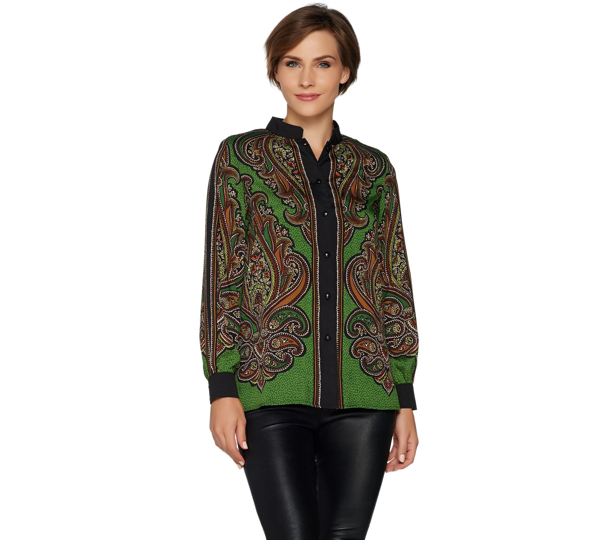 Bob Mackies Mandarin Collar Paisley Print Button Front Blouse - A228626
