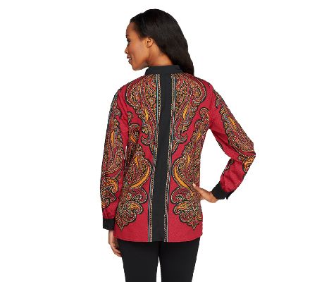 Bob Mackies Mandarin Collar Paisley Print Button Front Blouse