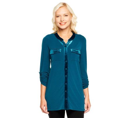 Susan Graver Liquid Knit Big Shirt with Velvet Trim - A229126