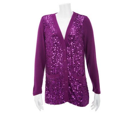 Bob Mackies Sequin Front Boyfriend Cardigan w/ Pocket Detail - A229726