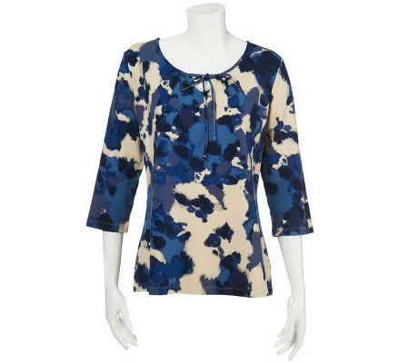 As Is Denim & Co. 3/4 Sleeve Printed Tee with Tie at Neck - A236826