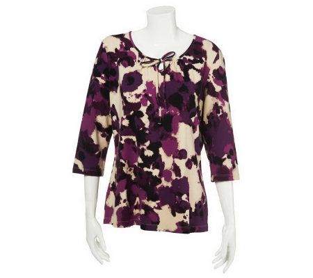 As Is Denim & Co. 3/4 Sleeve Printed Tee with Tie at Neck - A236826