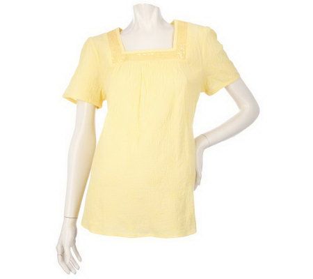 Denim & Co. Short Sleeve Embroidered Woven Top with Sequin Trim - A200427