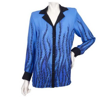 Bob Mackies Long Sleeve Botanical Print Button Front Silk Blouse - A203427