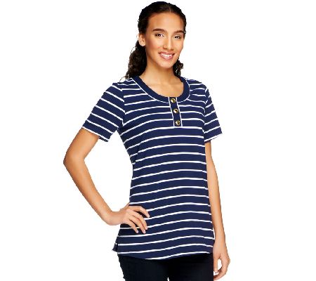Denim & Co. Short Sleeve Striped Henley Tunic - A214527