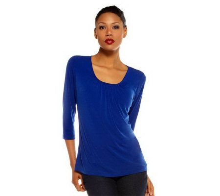 Susan Graver Essentials Liquid Knit 3/4 Sleeve Top with Shirring - A220427