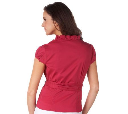 G.I.L.I. Cap Sleeve Wrap Top with Side Tie and Ruffle Collar