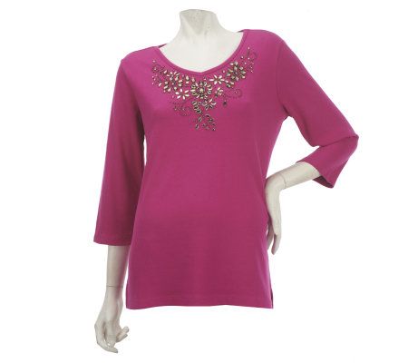 Quacker Factory Rhinestone Sparkle Floral 3/4 Sleeve Knit Top - A226227