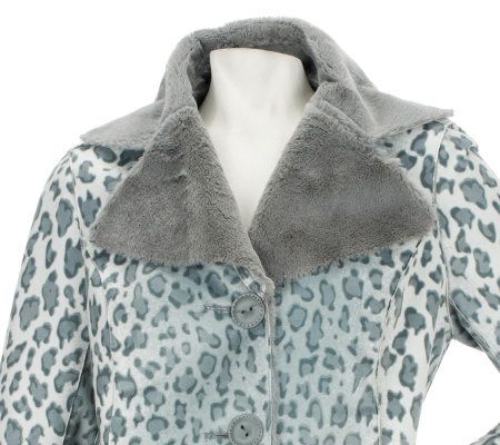 Dennis Basso Leopard Print Faux Suede Coat with Faux Fur Collar