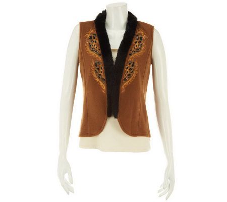 Bob Mackies Embroidered Fleece Vest Faux Fur Trim - A229727