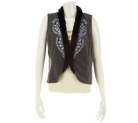 Bob Mackies Embroidered Fleece Vest Faux Fur Trim - A229727