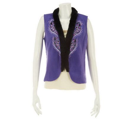 Bob Mackies Embroidered Fleece Vest Faux Fur Trim - A229727