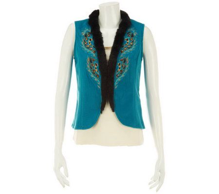 Bob Mackies Embroidered Fleece Vest Faux Fur Trim - A229727