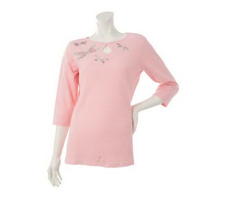 Quacker Factory Sparkling Flutter Keyhole 3/4 Sleeve T-shirt - A232127