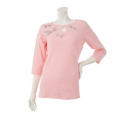 Quacker Factory Sparkling Flutter Keyhole 3/4 Sleeve T-shirt - A232127